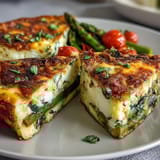 Spring Veggie Frittata with Asparagus and Goat Cheese: A golden, fluffy baked egg dish loaded with tender asparagus, zucchini, spinach, and creamy goat cheese, topped with fresh herbs.