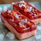 Tangy strawberry lemonade filling atop buttery shortbread crust, dusted with powdered sugar for a refreshing spring dessert.