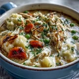 Creamy chicken pot pie soup with tender chicken, hearty vegetables, and a rich, savory broth in a rustic slow cooker setting.