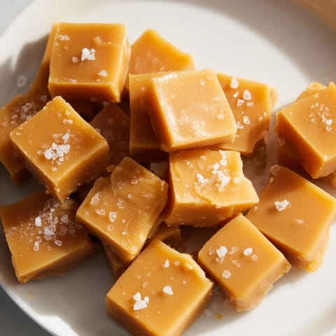 Golden, glistening sea salt caramels, a homemade candy with a balanced sweet and salty flavor.