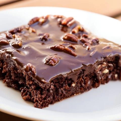 Dark, fudgy Texas Sheet Cake with a warm, glossy chocolate icing ready to be cut.
