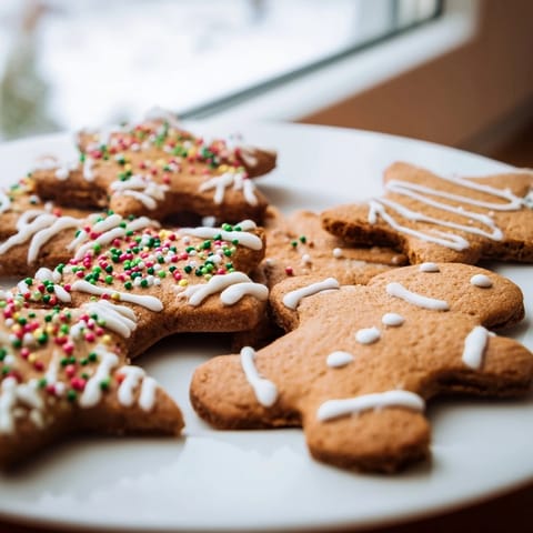 Warm, spiced Gingerbread Cookies, freshly baked and ready to be decorated with festive icing and sprinkles.