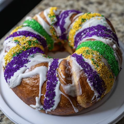 Delicious and colorful King Cake, a classic Mardi Gras treat, presented with sweet icing and sugar.