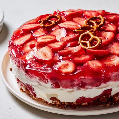 Sweet and salty perfection: a vibrant Strawberry Pretzel Salad with a creamy cheesecake filling.