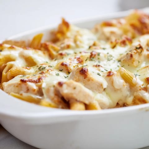 Golden-brown Chicken Ranch Pasta Bake with diced chicken and penne, garnished with fresh chives and ready to serve at dinner.