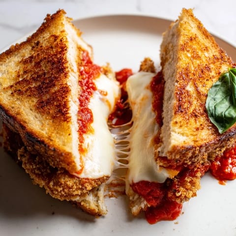 Close-up of a Chicken Parm Grilled Cheese sliced in half, revealing juicy chicken, zesty marinara, and melted cheese between garlic-buttered, toasted bread.