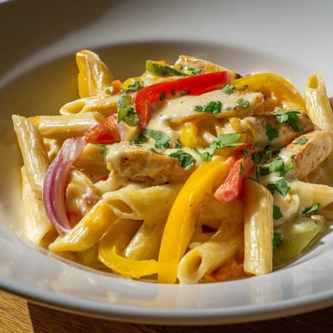 A close-up of a sizzling Fajita Chicken Pasta Skillet garnished with fresh cilantro and jalapeño slices, steam rising from the cheesy Tex-Mex dinner.  