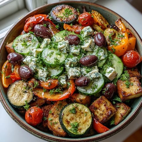 Hearty roasted Greek salad served on cucumbers with Kalamata olives and crumbled feta, perfect for summer.