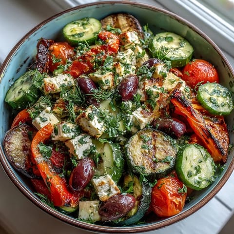 Warm roasted Greek salad with caramelized bell peppers, eggplant, and feta, tossed in a zesty lemon-oregano dressing.