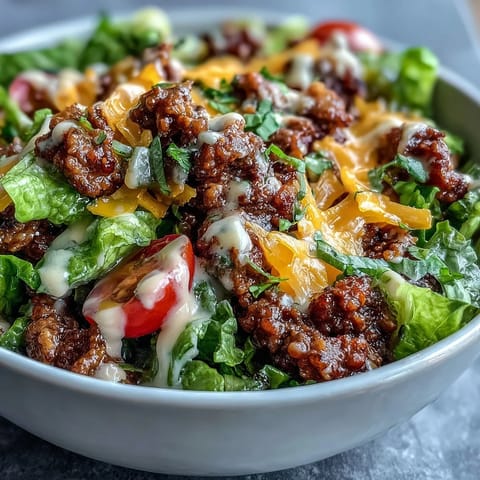 A close-up of Easy Big Mac in a Bowl featuring seasoned ground beef, shredded cheddar, and diced pickles on crisp romaine lettuce.