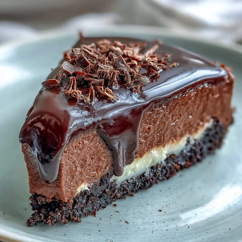 A slice of Lighter Chocolate Cottage Cheese Cheesecake on a white plate with dark chocolate shavings on top.  