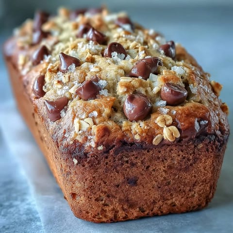 Golden-brown Chocolate Chip Peanut Butter Oatmeal Banana Bread on a cooling rack, topped with chopped peanuts and chocolate chips for a tempting snack.