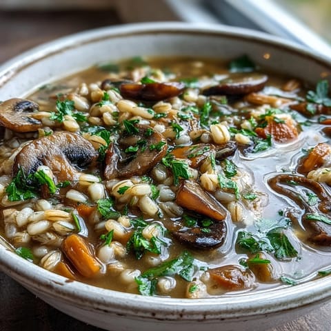 Hearty vegetarian Mushroom Barley Soup simmering with mushrooms, barley, and vegetables in a rustic pot.