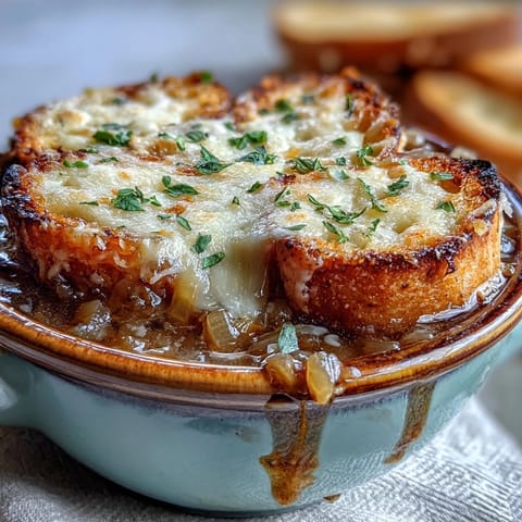 Hearty French Onion Soup with caramelized onions and leeks in a rich beef broth, served hot and savory.
