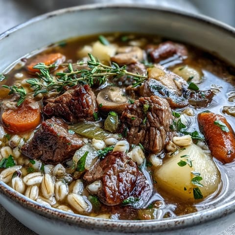Freshly ladled Beef and Barley Soup steams beside a rustic bread bowl, with chopped parsley and carrots visible in the hearty mix.