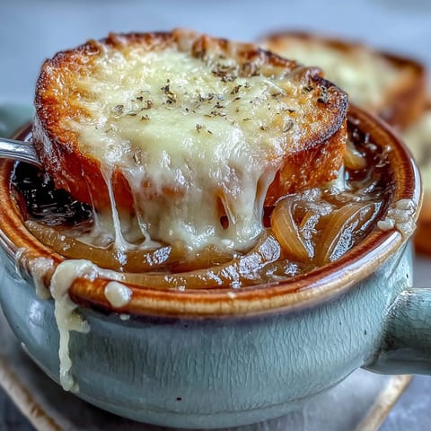 Steaming Classic French Onion Soup in a rustic bowl, crowned with toasted bread and golden, bubbly Gruyère cheese.