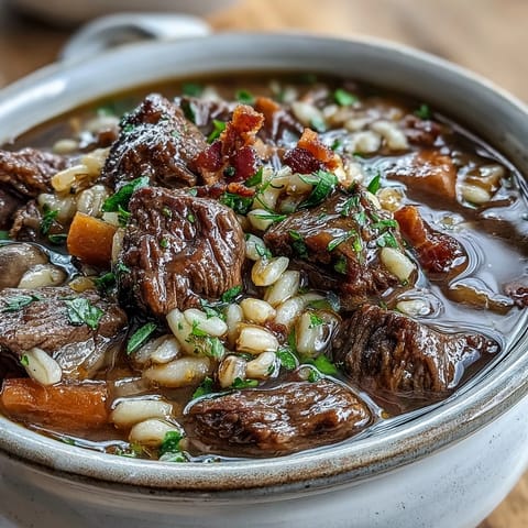 Steaming bowls of hearty beef and barley soup feature tender chuck roast and earthy baby bella mushrooms.  