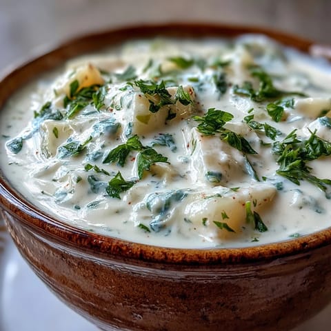 A spoon dips into Creamy Potato Soup with Cabbage, revealing the velvety texture and tender vegetable chunks