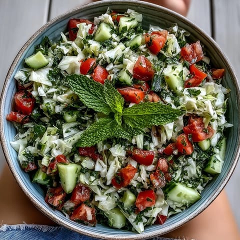 A close-up of Lebanese Cabbage Salad with crisp vegetables and fresh parsley and mint, perfect as a refreshing vegan side for grilled chicken.
