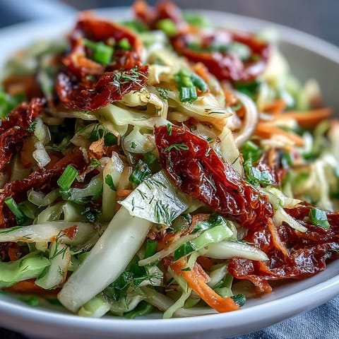 Vibrant red and green cabbage salad with sun-dried tomatoes, tossed in a herby dressing in a white bowl. Fresh chives and parsley garnish the top, ready for a light vegetarian lunch.