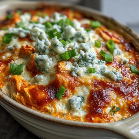 Golden, bubbly Buffalo Chicken Dip in a white baking dish, topped with melted cheddar and fresh green onions, served with tortilla chips.