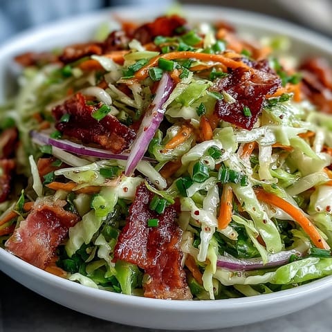 Hearty German cabbage coleslaw with shredded ham tossed in a tangy apple cider vinegar and Dijon dressing.