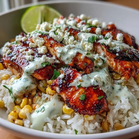 Sliced grilled chicken thighs, cotija cheese, and zesty crema drizzled over Street Corn Chicken and Rice Bowls. 