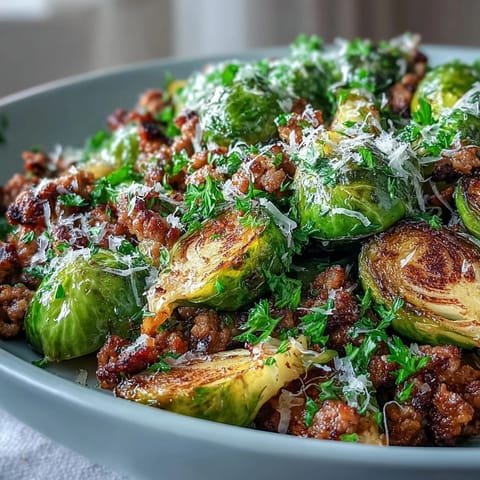 Golden-brown Brussels sprouts and savory ground turkey cook together in a sizzling skillet, ready to serve.