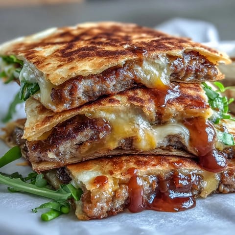 Golden-brown Cheesy Griddled Smashburger Quesadillas rest on a cutting board, showcasing melted cheddar and American cheese oozing from crispy edges. 