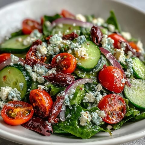 Crisp spring mix, tomatoes, cucumber, and feta in a vibrant Mediterranean Green Salad Bowl tossed with tangy Greek dressing.
