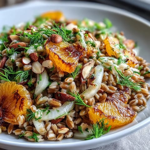 A vibrant Farro Salad Bowl with Fennel, Oranges & Almonds, featuring chewy grains and crisp vegetables in a light vinaigrette.