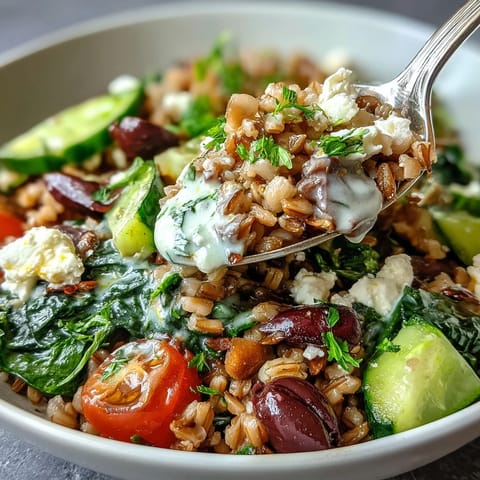 A vibrant Mediterranean Farro Bowl topped with crumbled feta, fresh parsley, and creamy tahini dressing.