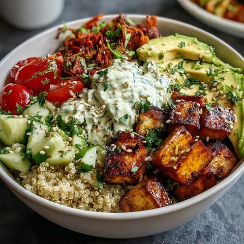 Hearty Customizable Grain Bowl featuring fluffy quinoa, grilled chicken, crisp cucumbers, and toasted pumpkin seeds on top.