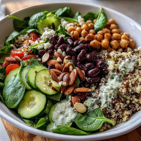 Vibrant Rainbow Salad Bowl with quinoa, chickpeas, and crunchy cashews, drizzled with lemon dressing.