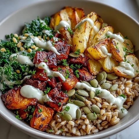 A colorful winter grain bowl with roasted root vegetables, sautéed greens, and a creamy tahini dressing.