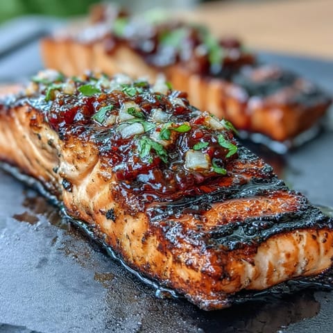 Grilled salmon with strawberry salsa, topped with fresh cilantro and served with lemon wedges. A bright, summery dish that's perfect for outdoor dining.  