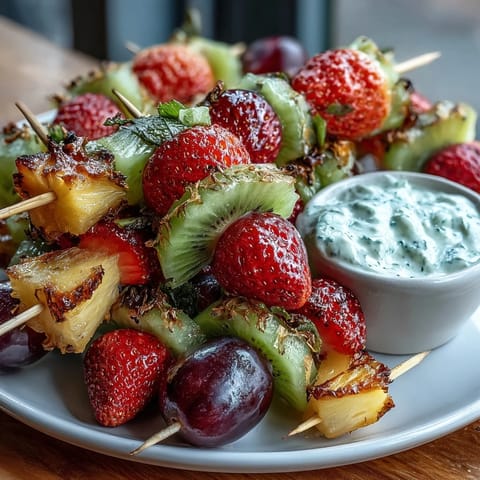 Fun Kid Lunch Bento Box with Fruit Skewers and Dip featuring colorful strawberries, grapes, and kiwi on mini skewers, served with creamy yogurt dip and whole wheat sandwiches.  