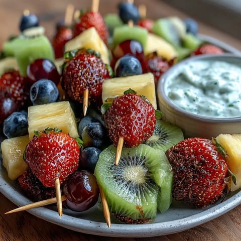 Vibrant bento box lunch with fresh fruit skewers, cherry tomatoes, and veggie sticks, paired with a sweet honey-vanilla yogurt dip for a fun, nutritious meal.  