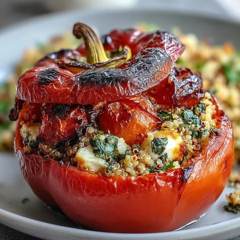 Colorful bell peppers stuffed with quinoa, fresh herbs, and vegetables, baked until tender for a healthy vegetarian meal.