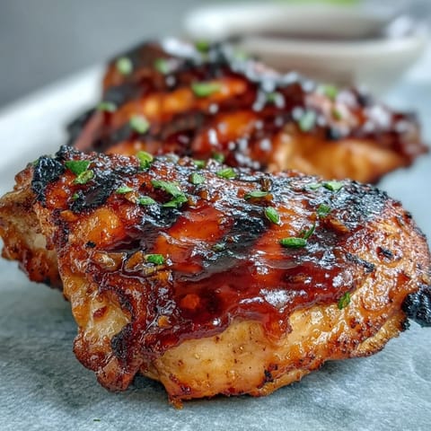 Grilled honey garlic chicken thighs with sticky glaze and crispy skin, perfect for summer barbecues.