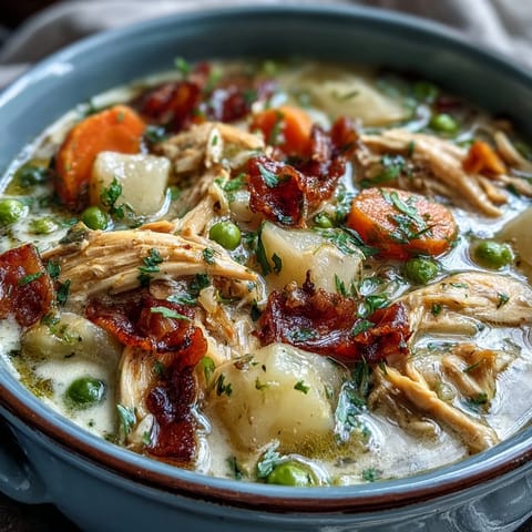 Slow Cooker Chicken Pot Pie Soup in a bowl, topped with fresh parsley and served with flaky biscuits on the side.
