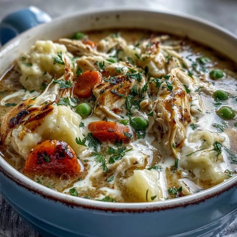 Creamy chicken pot pie soup with tender chicken, hearty vegetables, and a rich, savory broth in a rustic slow cooker setting.