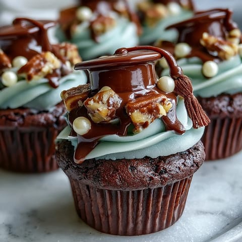 Simple Graduation Cupcakes with Cap Toppers, frosted in buttercream and topped with edible chocolate graduation caps and candy tassels, ready for celebration.