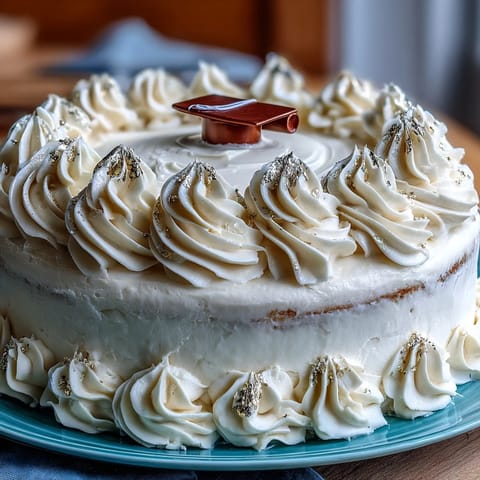 Elegant high school graduation cake with vanilla sponge, gold foil accents, and diploma topper on creamy buttercream frosting.
