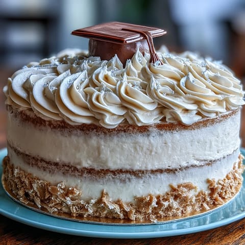 Festive vanilla graduation cake decorated with edible gold foil and a diploma-shaped topper, perfect for celebrating achievements.