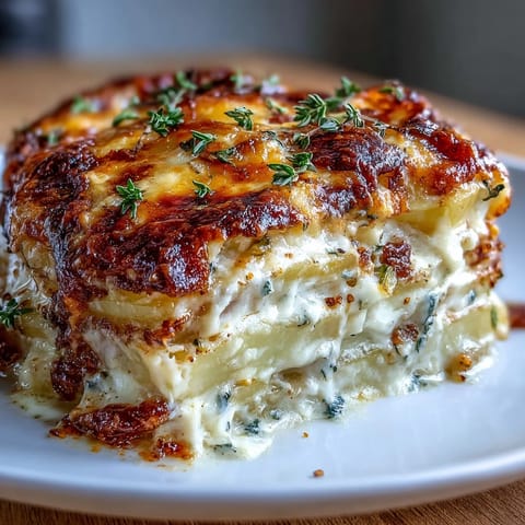 Creamy scalloped potatoes with Gruyere cheese, baked to golden perfection with layers of tender Yukon Gold potatoes and rich garlic cream sauce.