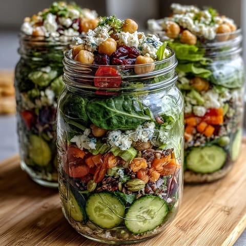 Layered mason jar salads with spinach, quinoa, chickpeas, and feta for healthy meal prep.