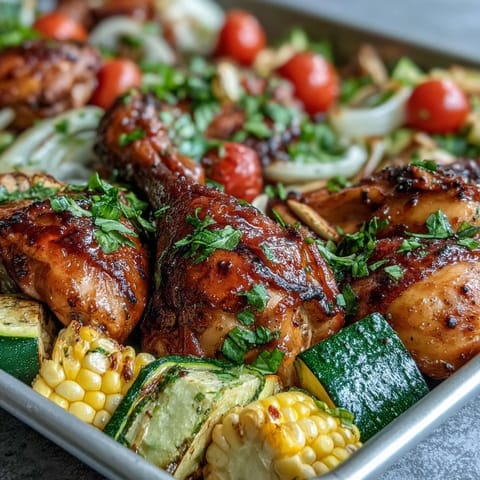 Sheet Pan Chicken with Zucchini and Corn - golden roasted chicken breasts surrounded by colorful summer vegetables on a sheet pan.