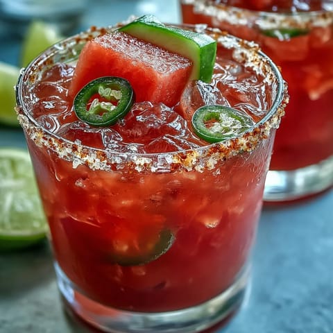Light and zesty Cinco de Mayo Watermelon Jalapeño Margarita Mocktail ready to serve.