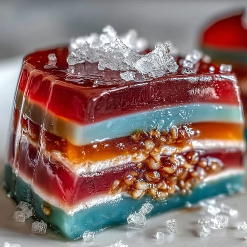 Beautiful Rainbow Jelly Cake with Agar-Agar and Coconut Cream, ready to serve.